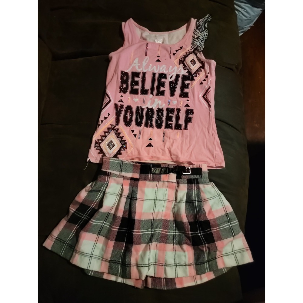 Justice always believe in‎ yourself pink tank and plaid skort size 8